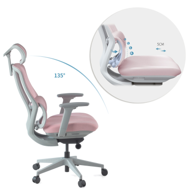 chaise ergonomique blanc rose aeroflow structure blanche maille accoudoirs reglables 3d double soutien lombaire appui tete 5