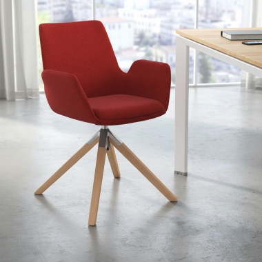 chaise scandinave rouge giratoire en bois tissu accoudoirs rembourres 2