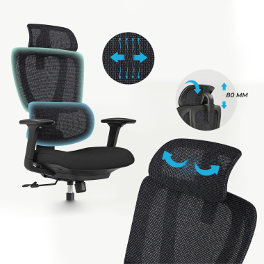 chaise ergonomique noir essenza maille accoudoirs reglables 3d double soutien lombaire appui tete 8