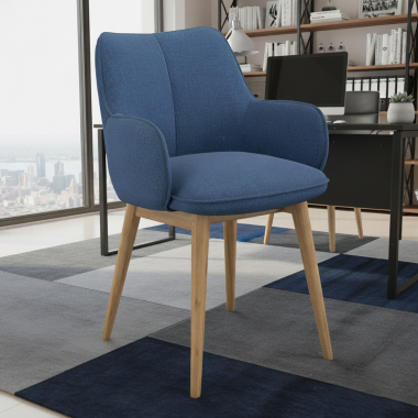 chaise scandinave bleu pattes en bois tissu accoudoirs rembourres 2