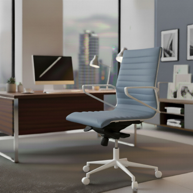 fauteuil de direction blanc bleu dossier bas structure blanche simil cuir accoudoirs fixes 2