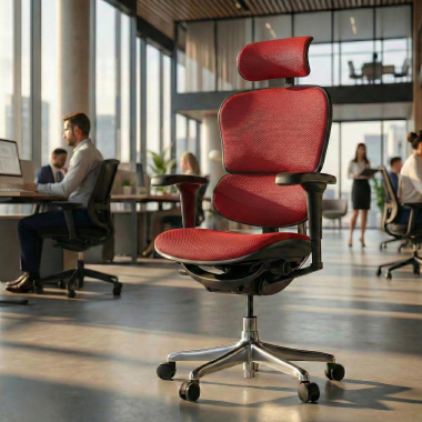 chaise ergonomique rouge structure noire entierement tapissee tissu accoudoirs mobiles appui tete 2