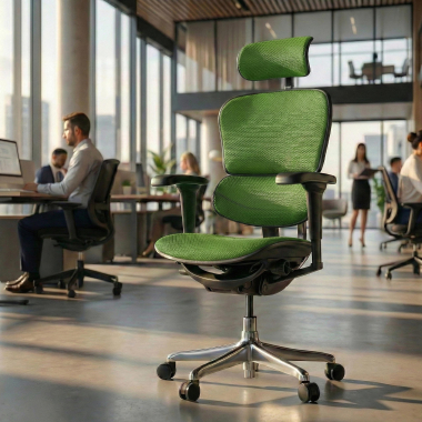 chaise ergonomique vert structure noire entierement tapissee tissu accoudoirs mobiles appui tete 2