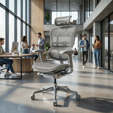 chaise ergonomique blanc gris structure blanche rouge maille accoudoirs reglables 5d appui tete 2