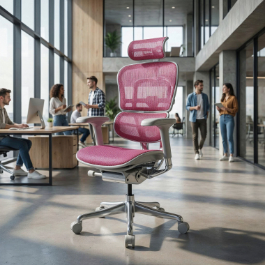 chaise ergonomique blanc rose structure blanche rouge maille accoudoirs reglables 5d appui tete 2