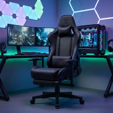 chaise gaming noir epic simil cuir accoudoirs mobiles coussin lombaire et cervical appui tete repose pieds extensible 2