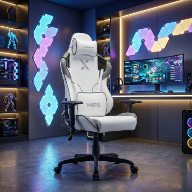 chaise gaming blanc gris hero simil cuir accoudoirs mobiles coussin lombaire et cervical appui tete 2