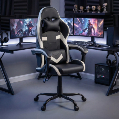 chaise gaming blanc noir mist simil cuir accoudoirs rabattables coussin appuie tete appui tete 2