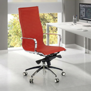 chaise de bureau rouge structure chromee similicuir simil cuir accoudoirs fixes 2