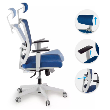 chaise ergonomique blanc bleu structure blanche appui tete maille accoudoirs reglables 1d soutien lombaire appui tete 3