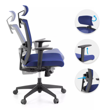 chaise ergonomique bleu structure noire appui tete maille accoudoirs reglables 1d soutien lombaire appui tete 3