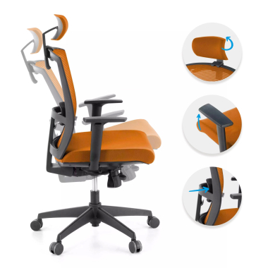 chaise ergonomique orange structure noire appui tete maille accoudoirs reglables 1d soutien lombaire appui tete 3
