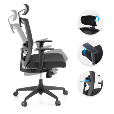 chaise ergonomique noir structure noire appui tete maille accoudoirs reglables 1d soutien lombaire appui tete 3