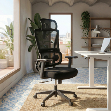 chaise ergonomique noir avec appui tete tissu accoudoirs fixes double soutien lombaire appui tete 2
