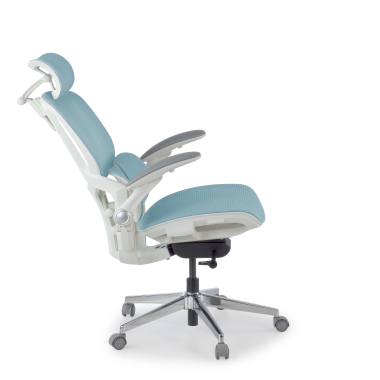 chaise ergonomique blanc bleu erghos one avec appui tete maille accoudoirs reglables 3d double soutien lombaire appui tete 5