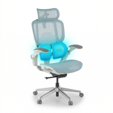 chaise ergonomique blanc bleu erghos one avec appui tete maille accoudoirs reglables 3d double soutien lombaire appui tete 7