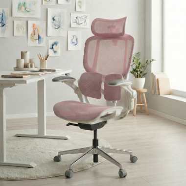 chaise ergonomique blanc rose erghos one avec appui tete maille accoudoirs reglables 3d double soutien lombaire appui tete 2
