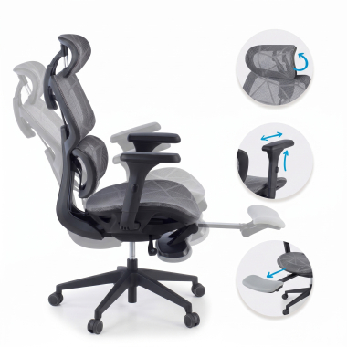 chaise ergonomique gris every maille accoudoirs reglables 3d appui tete repose pieds extensible 3