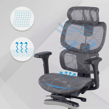 chaise ergonomique gris every maille accoudoirs reglables 3d appui tete repose pieds extensible 4