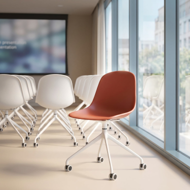 chaise de reunion blanche rouge avec roulettes plastique sans accoudoirs 2