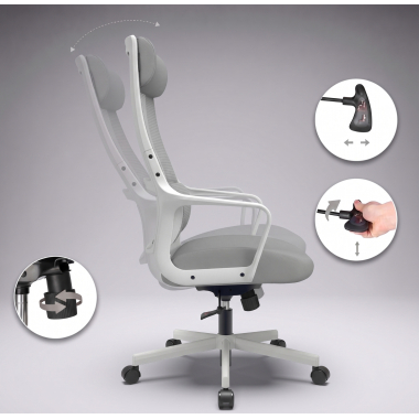 chaise teletravail blanc gris venus maille accoudoirs fixes soutien lombaire appui tete 6