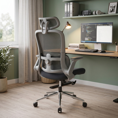 chaise ergonomique gris dexter maille accoudoirs rabattables soutien lombaire appui tete 2