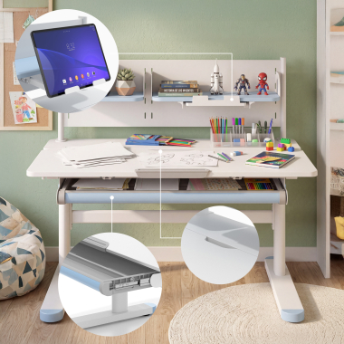 bureau pour jeunes avec passe cables blanc bleu ergokid 7