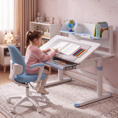 bureau pour jeunes avec passe cables blanc bleu ergokid 2