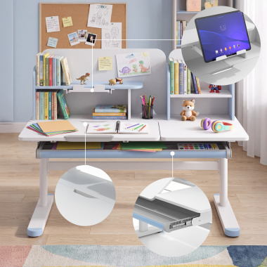 bureau pour jeunes avec passe cables blanc bleu ergokid 7