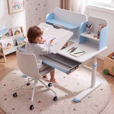 bureau pour jeunes avec passe cables blanc bleu ergokid 2