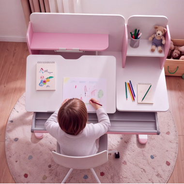 bureau pour jeunes avec passe cables blanc rose ergokid 4