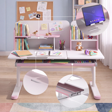 bureau pour jeunes avec passe cables blanc rose ergokid 7