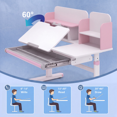 bureau pour jeunes avec passe cables blanc rose ergokid 6