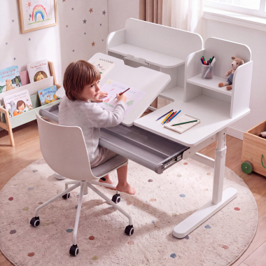 bureau pour jeunes avec passe cables blanc gris ergokid 2