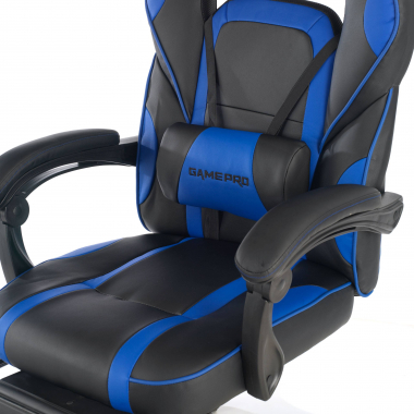 chaise gaming bleu logan simil cuir accoudoirs mobiles coussin lombaire et cervical appui tete repose pieds extensible 9