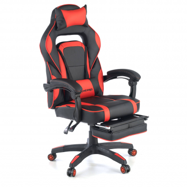 chaise gaming rouge logan simil cuir accoudoirs mobiles coussin lombaire et cervical appui tete repose pieds extensible 1