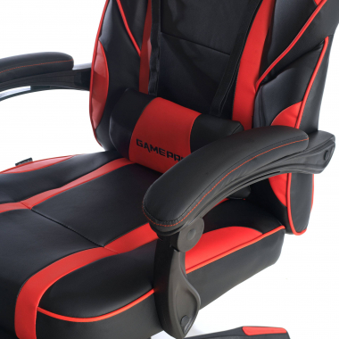 chaise gaming rouge logan simil cuir accoudoirs mobiles coussin lombaire et cervical appui tete repose pieds extensible 9