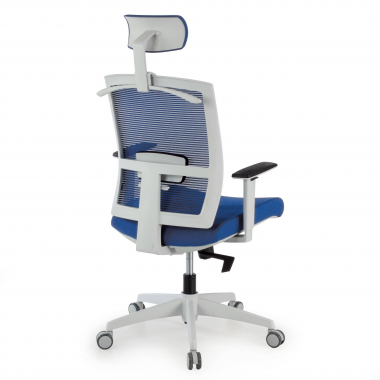 chaise ergonomique blanc bleu structure blanche appui tete maille accoudoirs reglables 1d soutien lombaire appui tete 8