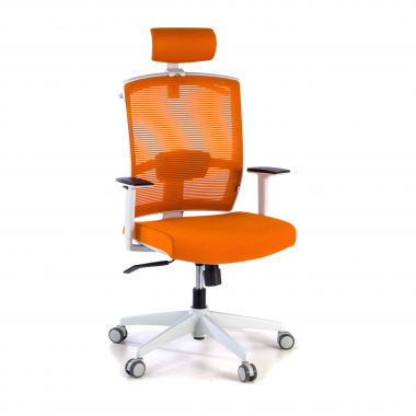 chaise ergonomique blanc orange structure blanche appui tete maille accoudoirs reglables 1d soutien lombaire appui tete 1