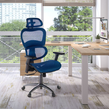 chaise ergonomique bleu structure noire maille accoudoirs reglables 3d double soutien lombaire appui tete 2