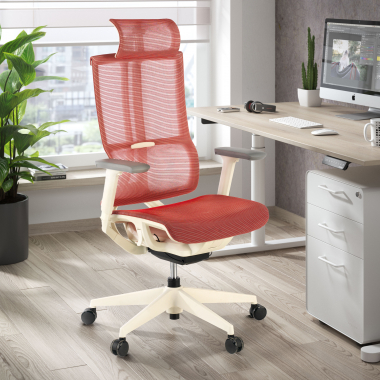 chaise ergonomique blanc rouge structure blanche maille accoudoirs reglables 3d double soutien lombaire appui tete 2