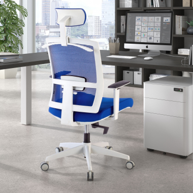 chaise ergonomique blanc bleu structure blanche appui tete maille accoudoirs reglables 1d soutien lombaire appui tete 2