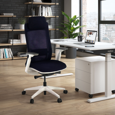 chaise ergonomique blanc bleu structure blanche tissu accoudoirs reglables 3d 2