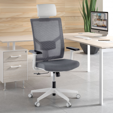 chaise de bureau blanc gris structure blanche appui tete maille accoudoirs reglables 1d soutien lombaire appui tete 2