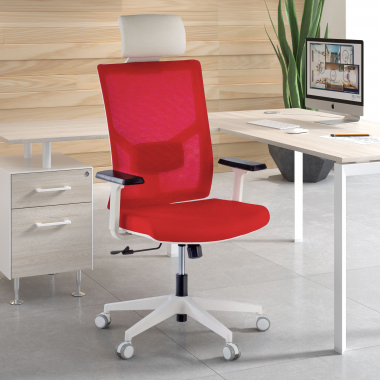 chaise de bureau blanc rouge structure blanche appui tete maille accoudoirs reglables 1d soutien lombaire appui tete 2