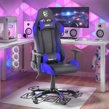 chaise gaming bleu game pro simil cuir accoudoirs mobiles coussin lombaire et cervical appui tete 2