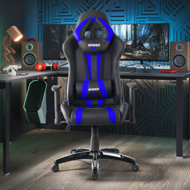 chaise gaming bleu spider simil cuir accoudoirs mobiles coussin lombaire et cervical appui tete 2