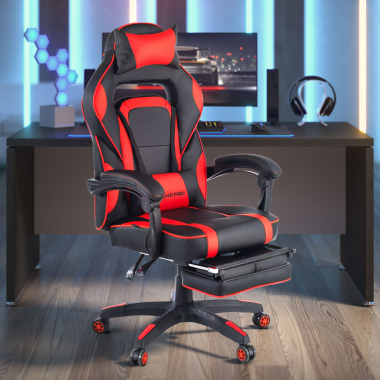 chaise gaming rouge logan simil cuir accoudoirs mobiles coussin lombaire et cervical appui tete repose pieds extensible 2