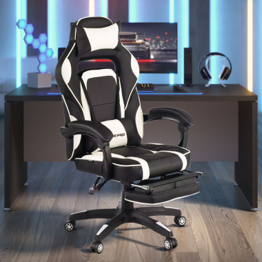chaise gaming blanc logan simil cuir accoudoirs mobiles coussin lombaire et cervical appui tete repose pieds extensible 2