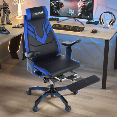 chaise gaming bleu genidia cuir authentique accoudoirs reglables 5d soutien lombaire repose pieds extensible 2